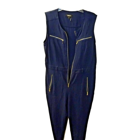 DKNY Pre-Loved Size 14 Navy Sleeveless Zip-Up Polyester Spandex Jumpsuit - Picture 8 of 12